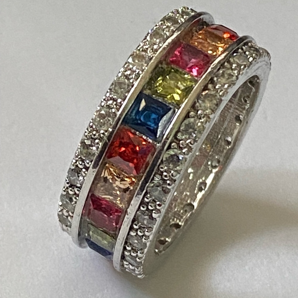 Silver Tone Multicolor Glass Stones Band Ring